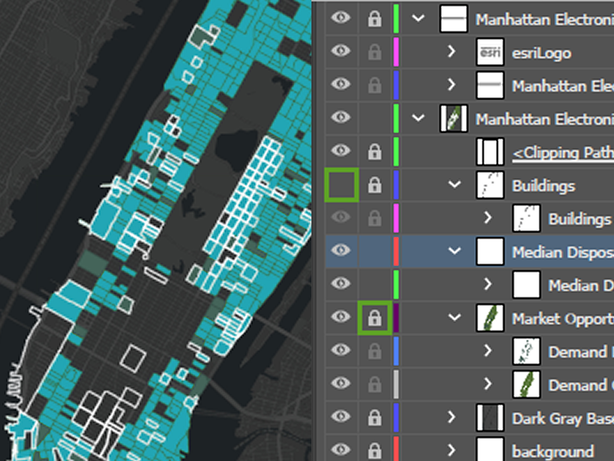A digital map of Manhattan with an Adobe Illustrator Layers panel shown alongside