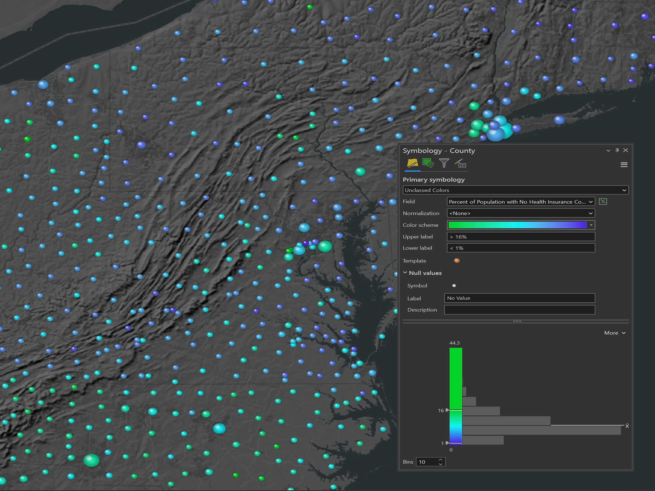 A digital map of the eastern US with census data overlaid, represented by colored circles of varying sizes