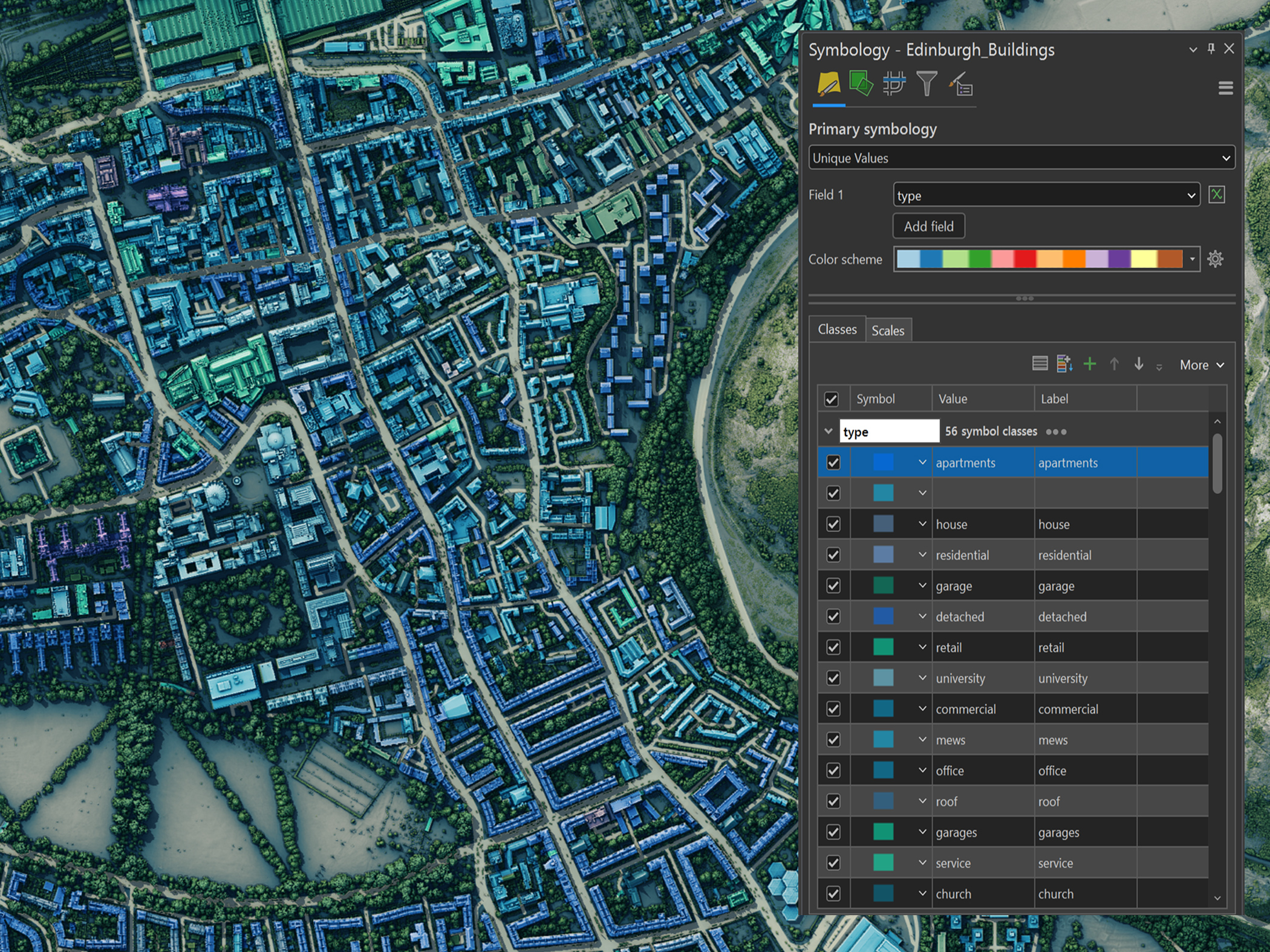 A digital map of Edinburgh with ArcGIS Pro's symbology panel overlaid