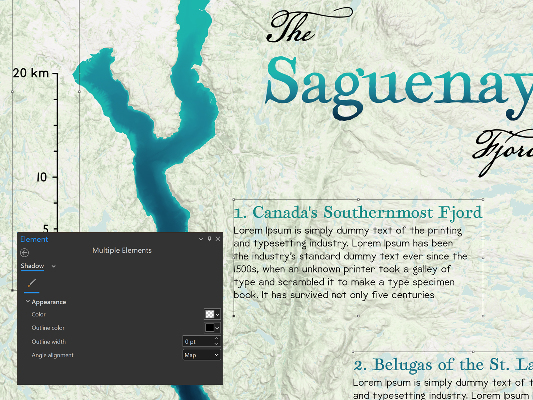A map layout of Saguenay Fjord in Canada with text overlays created with mapping tools in ArcGIS Pro GIS software