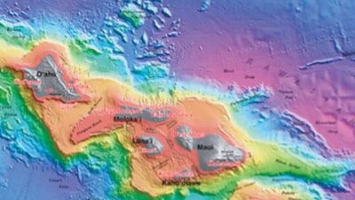 A 3D topographic map in a gradient of green, yellow, and red