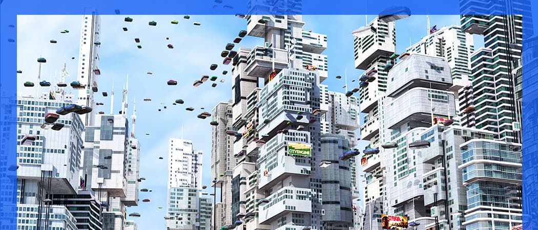 Scena 3D cu mașini zbuzătoare realizată cu CityEngine