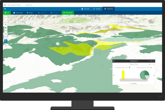 Interactive map with landscape and overlayed data shown on a monitor