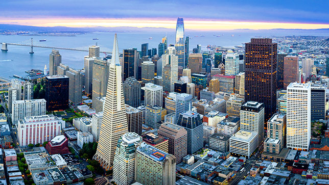 Aerial view of commercial buildings - CBRE executives use location intelligence to gather information about opportunities