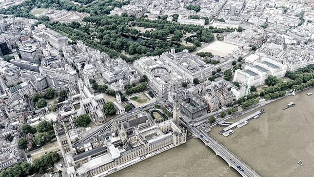 Aerial imagery of London's Westminster area provides a key input for the country-scale digital twin using GIS technology