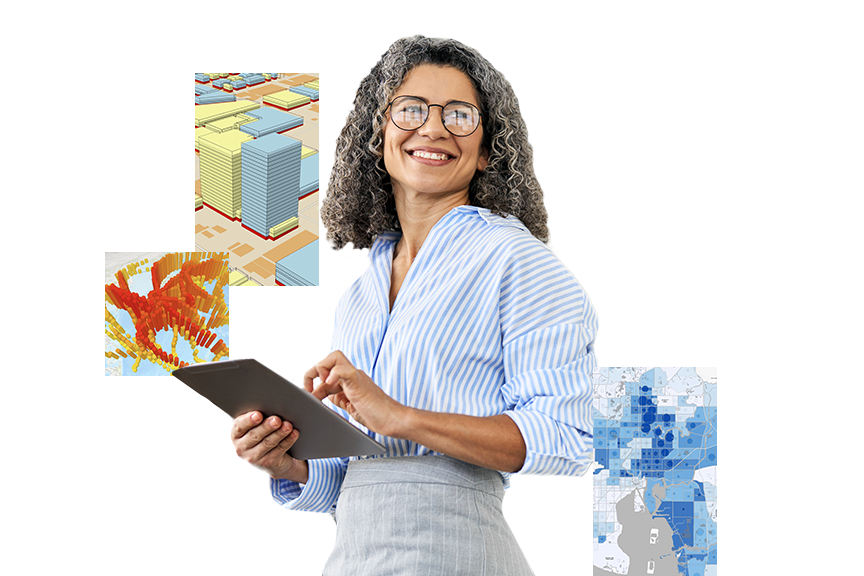 A smiling woman with a blue striped top typing on a tablet with inset images of a map and 3D buildings