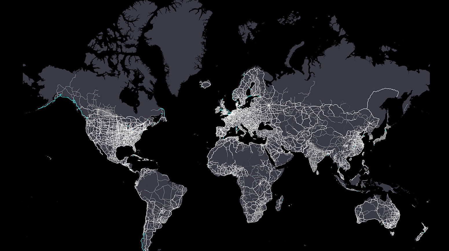 A grayscale map of the world with white lines along routes suggests the complexities of global trade