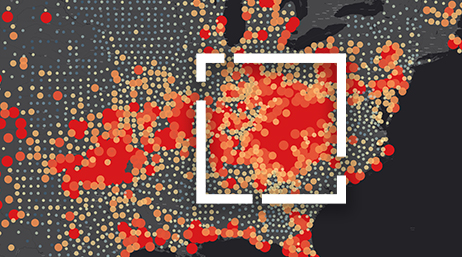 Map of the eastern half of the US with data points in red, orange, and dark green, a partially open square on top