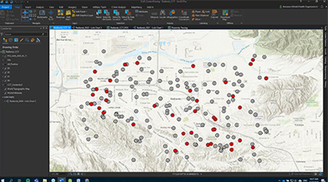 Still frame of an interactive map with a play button and clusters of data points in the middle