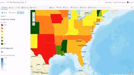Multicolored map of the eastern half of the United States showing flu planning