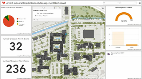 Dashboard showing hospital capacity management using ArcGIS Indoors with a play button