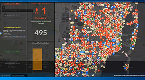 Dashboard with map with many data points and numerical reports with a play button