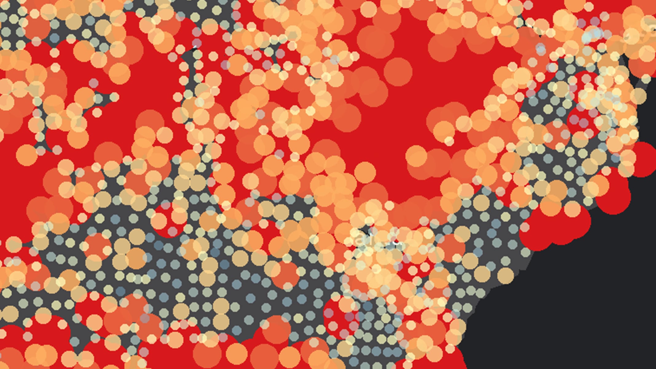 Map with data clusters in red, yellow, and dark green