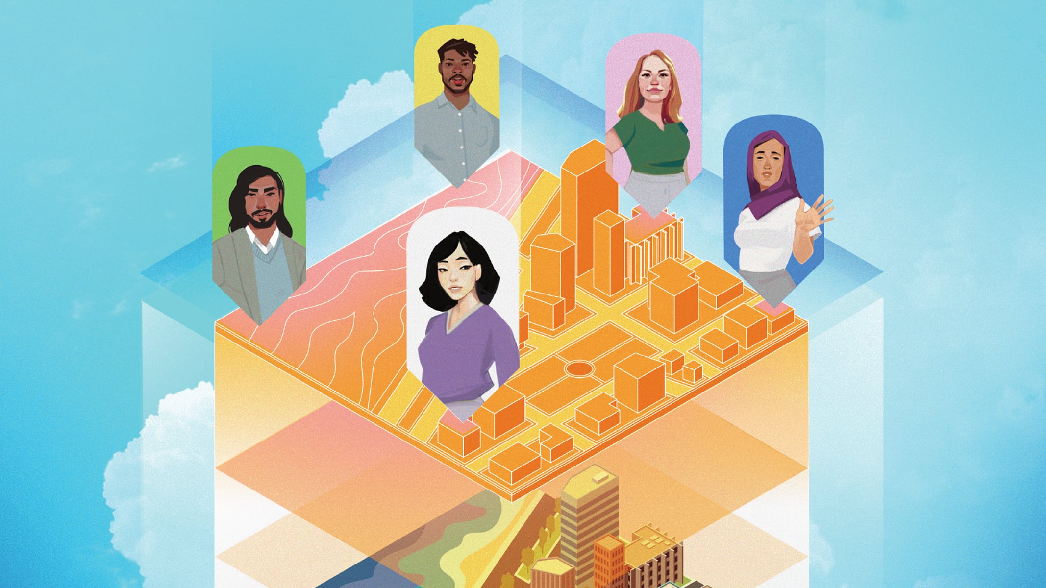 An illustration of diverse people atop a map of a medical campus