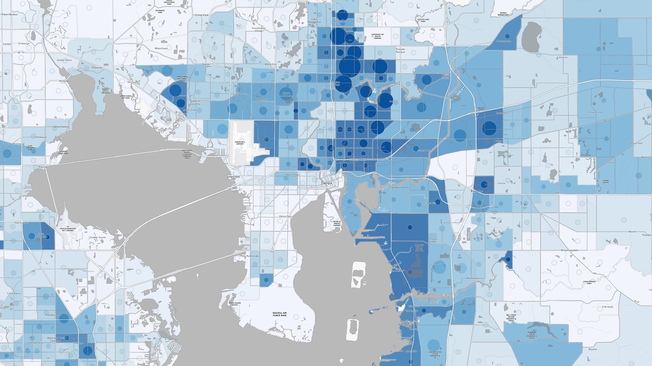 Map shaded in squares of various shades of blue