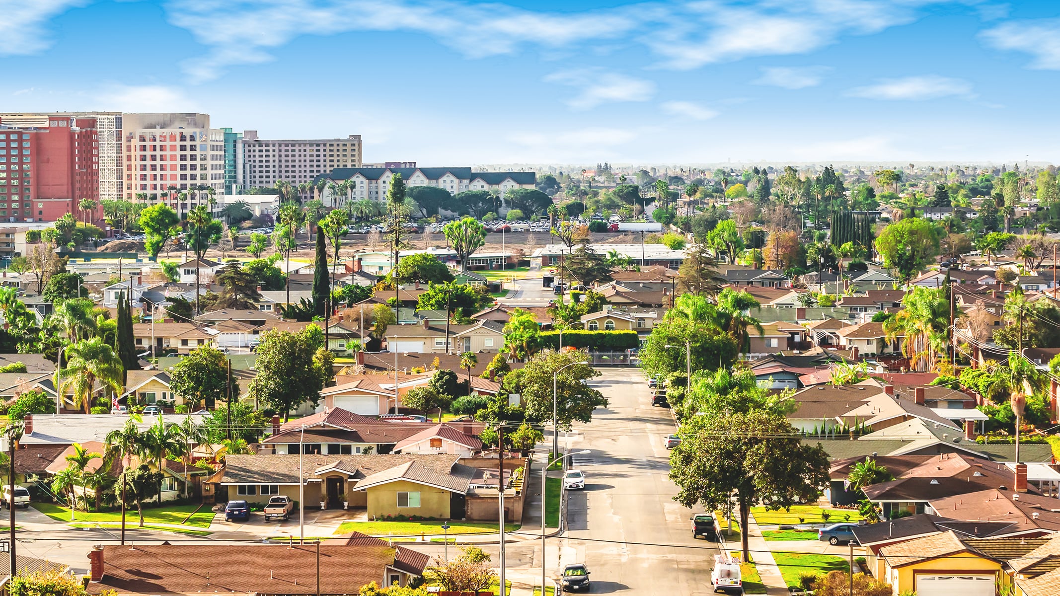 A view across the suburbs towards downtown in Orange County, California