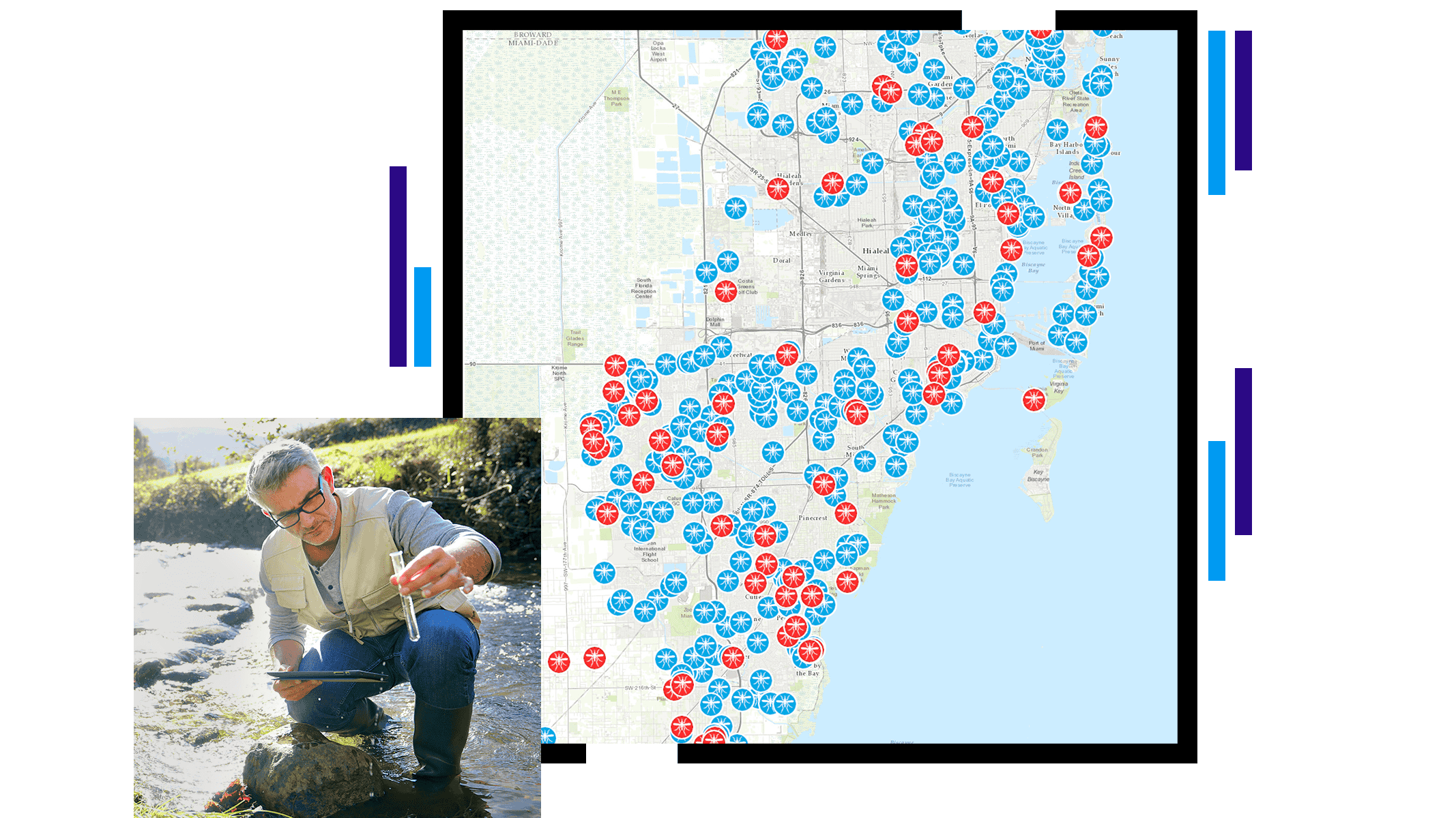 A map with red and blue data points showing mosquito infestations and an inspector with a water sample pulled from a river