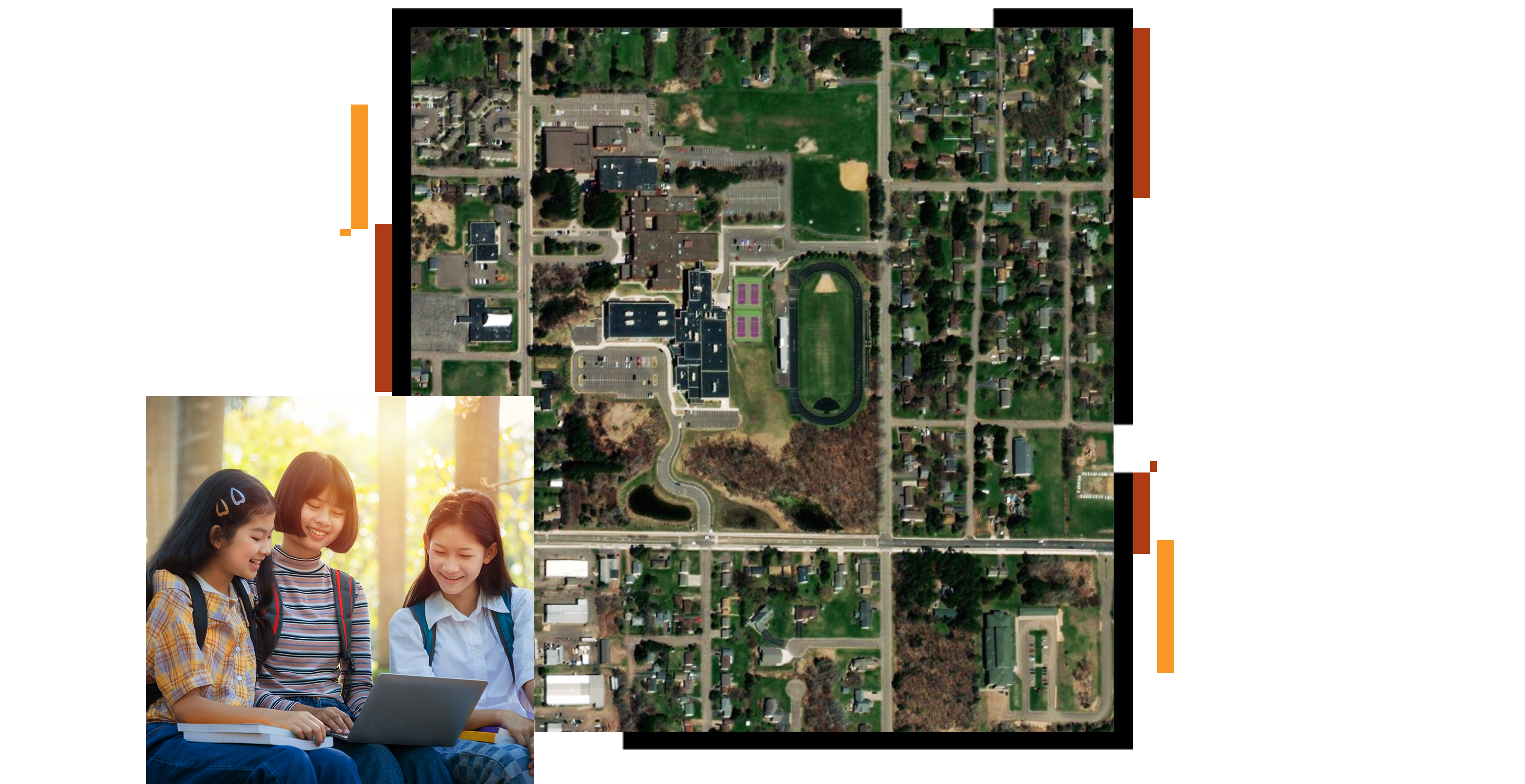 An aerial photo of a school surrounded by greenery and residential neighborhoods, and a small photo of three smiling students sharing a laptop with sunlit trees in the background