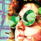 Painting-styled graphic of a person wearing flowers in their brown hair and glasses reflecting bright green color and a blue background, the whole image overlaid with a hot pink road map