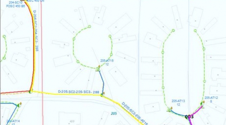 A simple street map in blue lines on a white background with routes shaded in yellow and purple