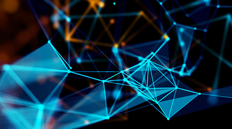 An abstract graphic of geometric shapes connected by a network of lines and points in light blue on an orange and black background