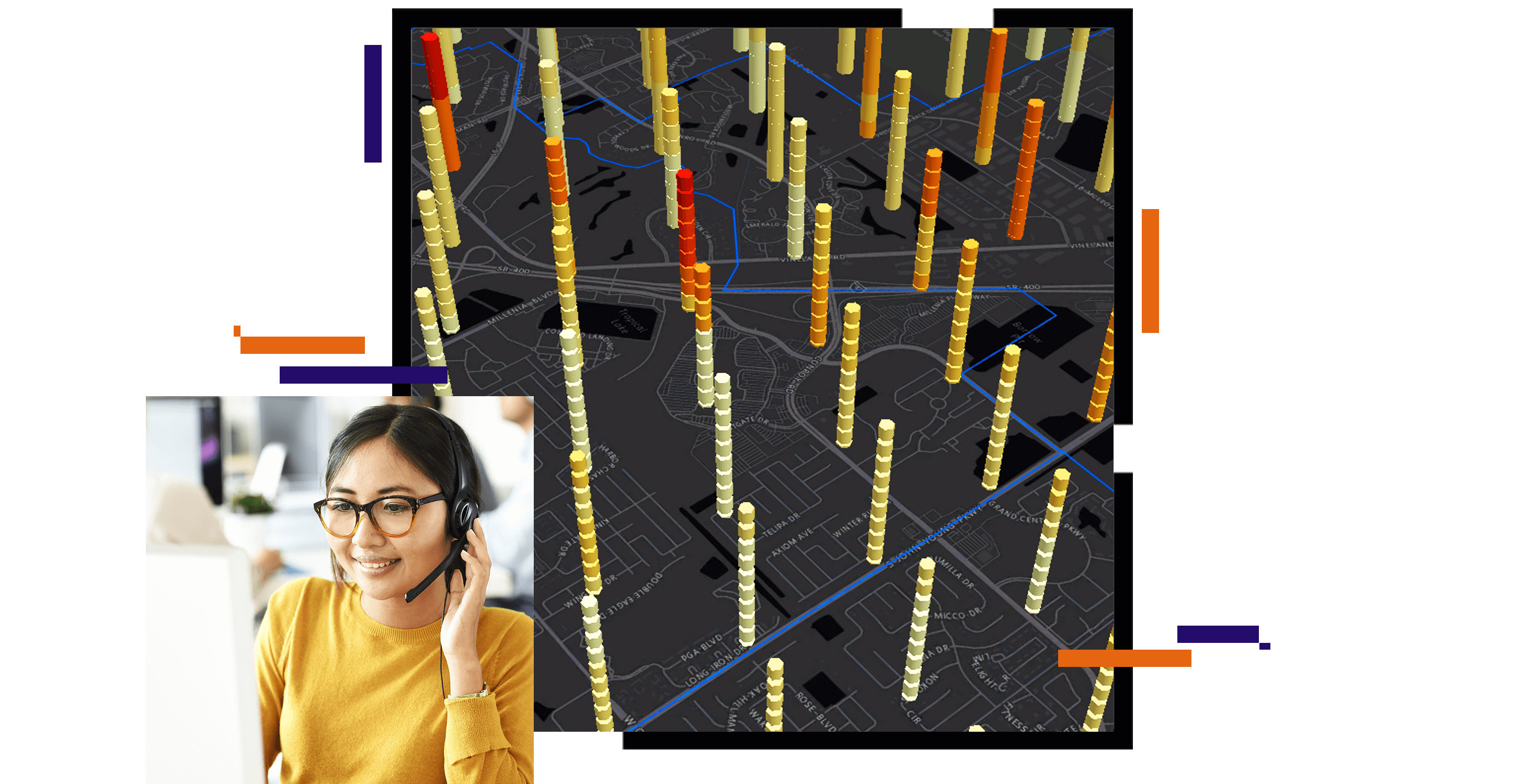 A concentration map in dark gray with points shown as yellow bars rising from the map’s surface, beside a photo of a smiling person in a yellow turtleneck looking at a computer screen and wearing a headset