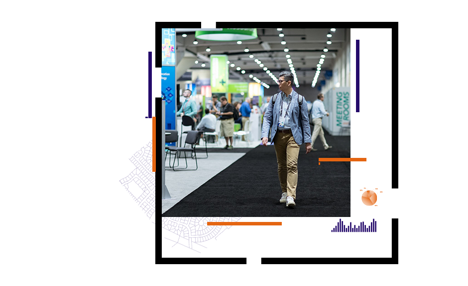 An orange-washed photo of a conference staffer assisting a registrant at check-in beside a photo of a conference attendee walking through a brightly lit exhibit hall