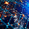 A graphic of a web of interconnected glowing white points suspended over a bright blue world
