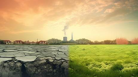 A field of grass dying from drought juxtaposed with a factory emitting smoke into the air