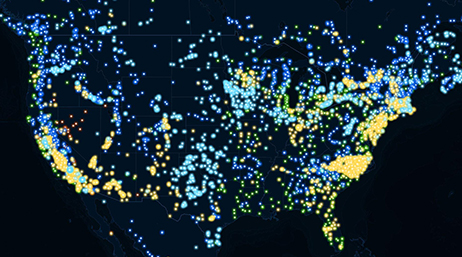 A cluster map of the United States with many multicolored dots dispersed across the country