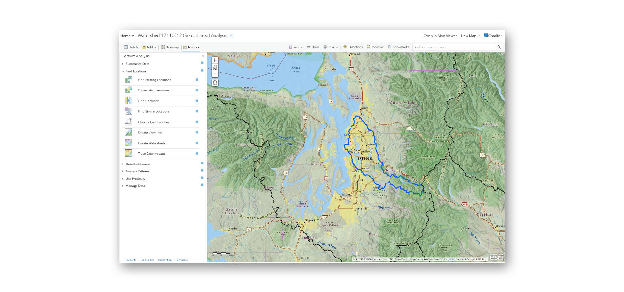A computer program window displaying a map of the Seattle area, a menu pane, and a toolbar