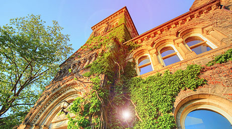 Partea frontală a unei mari clădiri universitare de culoare brună, acoperită cu iederă