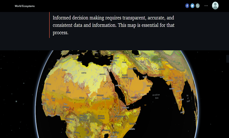 A screenshot of a 3D global map from the “World Terrestrial Ecosystems” narrative map built in ArcGIS StoryMaps