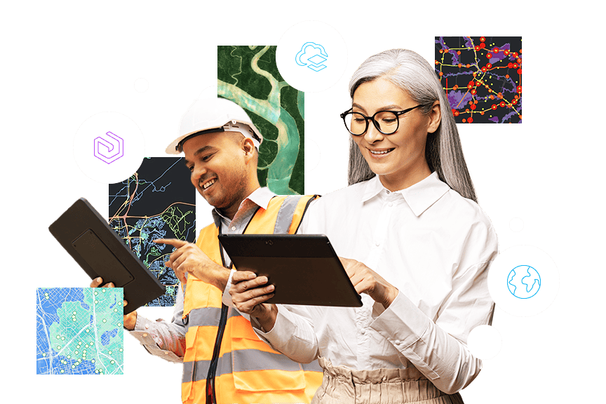 Two people using tablets overlaid with different maps and ArcGIS software icons
