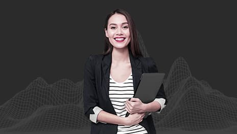 A smiling person wearing business casual clothes and holding a laptop overlaid on a wireframe of a mountain range