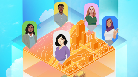 A graphic of a stylized city in orange and yellow, overlaid with five map points containing portraits of a diverse group of people