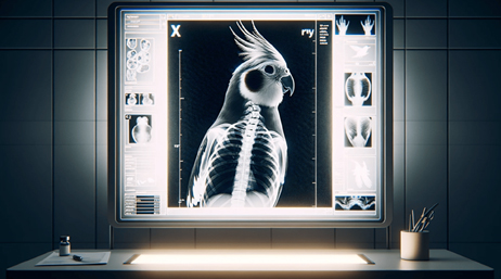 A dark, modern room with lightbox displaying an x-ray image of a bird 