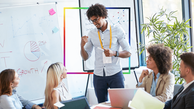 A project team working together to support an organization, with hand drawn graphs and notes on dry erase boards in the background